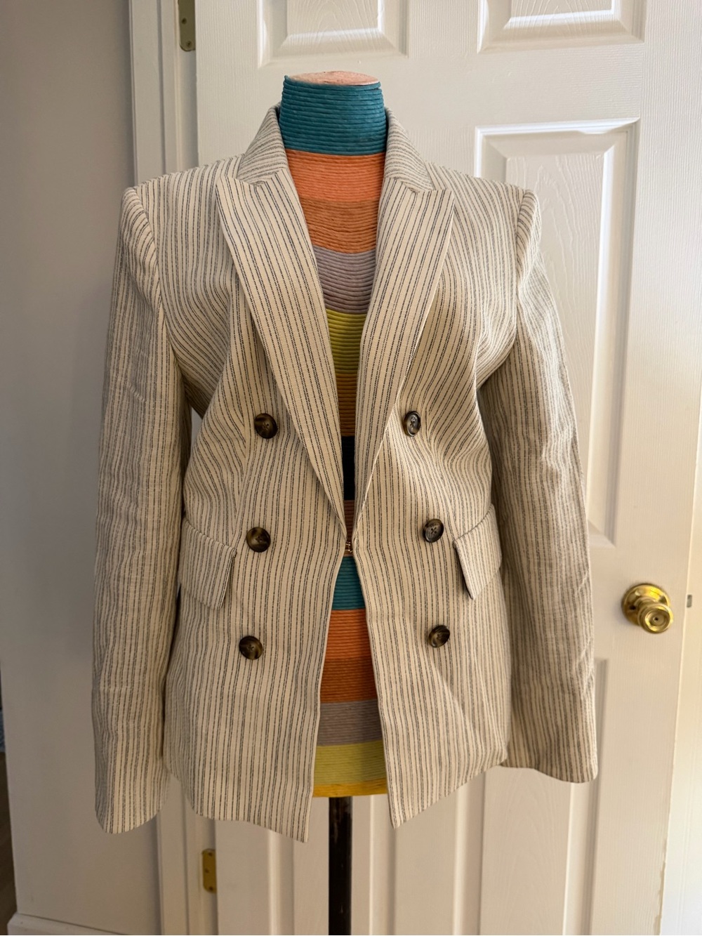 DKNY Cream Striped Double-Breasted Blazer Pants Suit